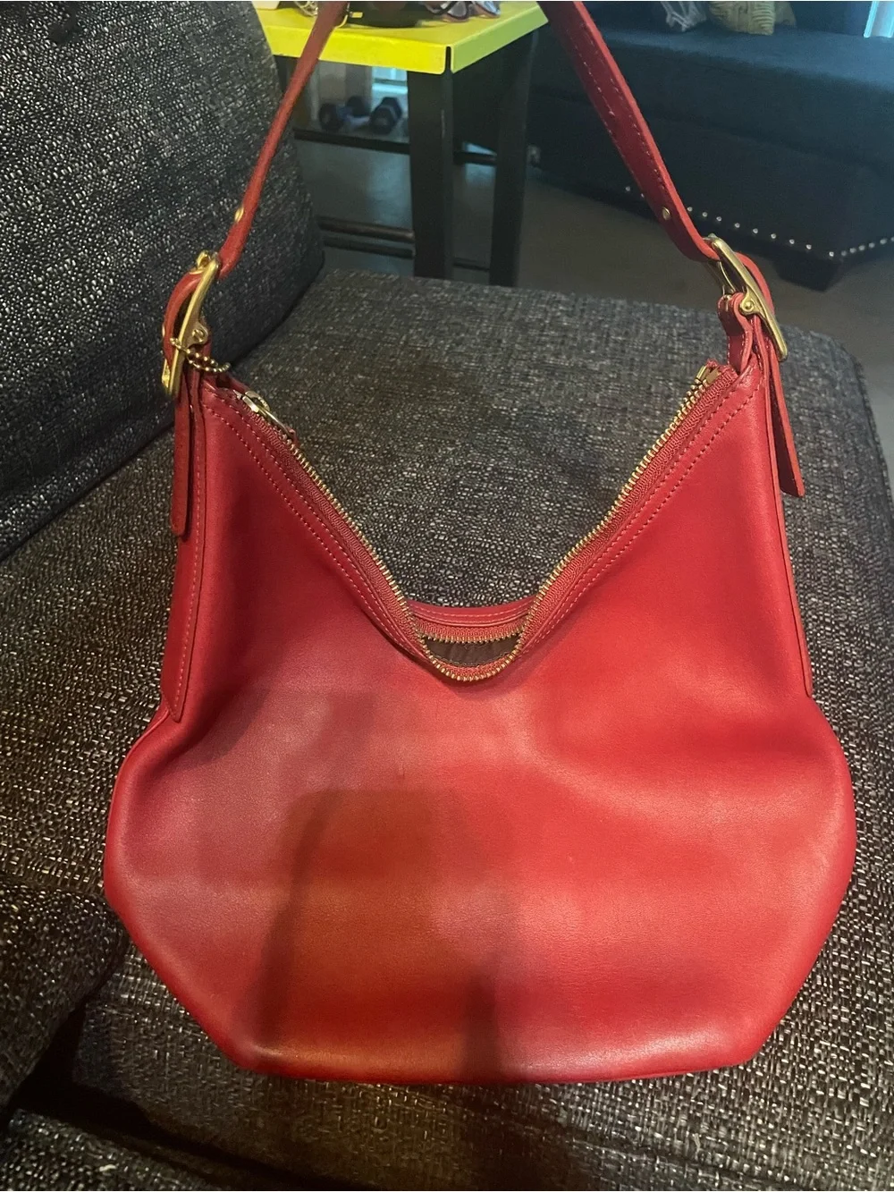 Coach Red Leather Shoulder Hobo Bag with Gold-Tone Hardware